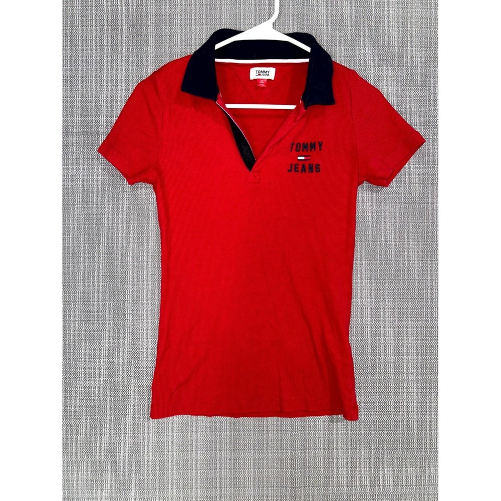 Tommy Jeans Polo Shirt Womens XS Red Ribbed Knit Wordmark Logo Slim Fit Golf